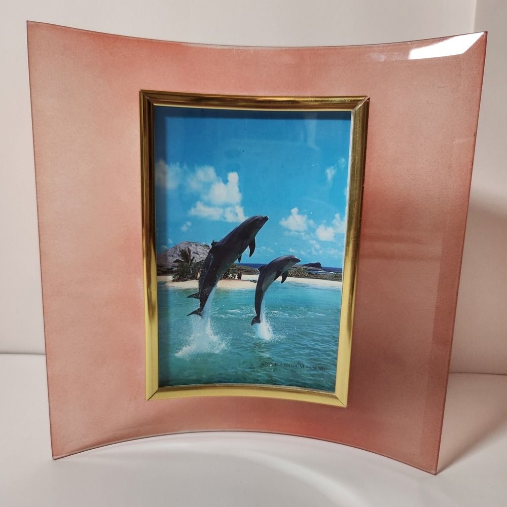 Vintage Curved Glass Picture Frame 4x6 Frosted‎ Peach Pink Gold Trim Modern Art